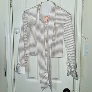 SHEIN cropped Striped White and brown Blouse with Tie Neck